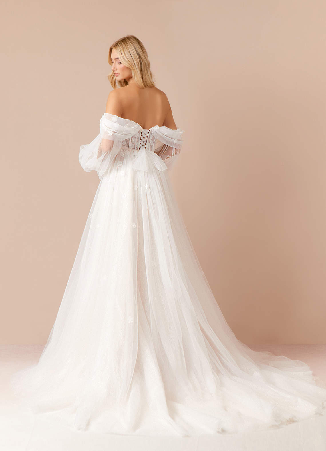 Azazie Airellie At-home Try On Dresses Diamond White Champagne A-Line Off the Shoulder Tulle Dress image3