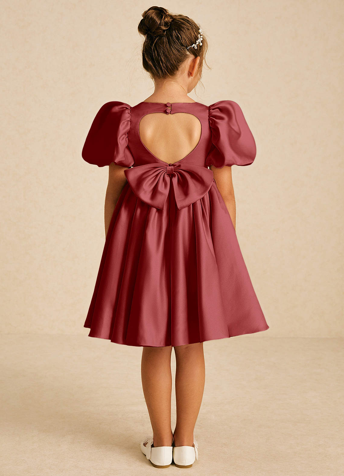 Azazie Muffin Flower Girl Dresses Rust A-Line with Sleeves Matte Satin Dress image1