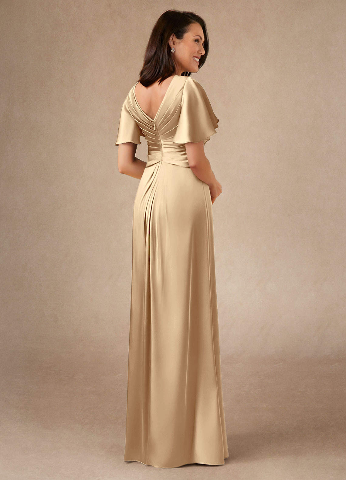 Azazie Emmeline Mother of the Bride Dresses Champagne A-Line Pleated Stretch Satin Dress image1