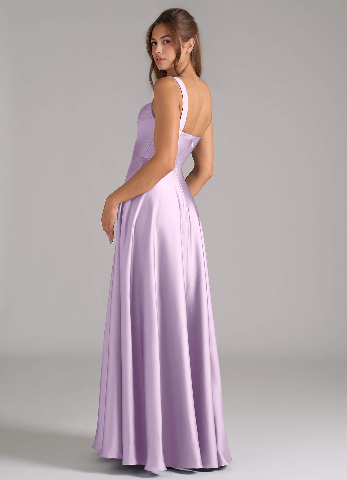 Azazie Shaude Bridesmaid Dresses Frosted Lilac A-Line Pleated Stretch Satin Dress image6