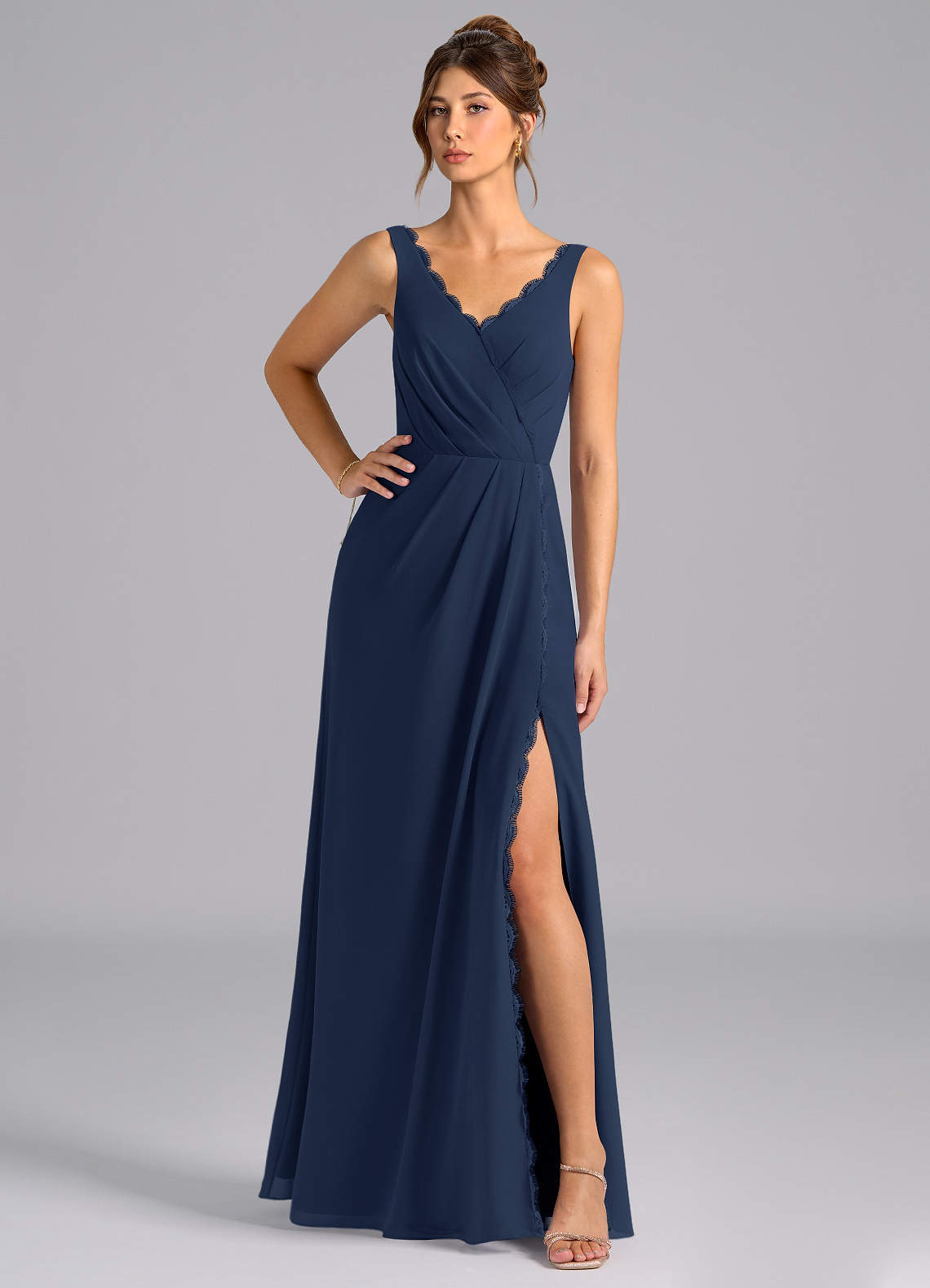 Azazie Bernice Bridesmaid Dresses Dark Navy A-Line Pleated Chiffon Dress image1