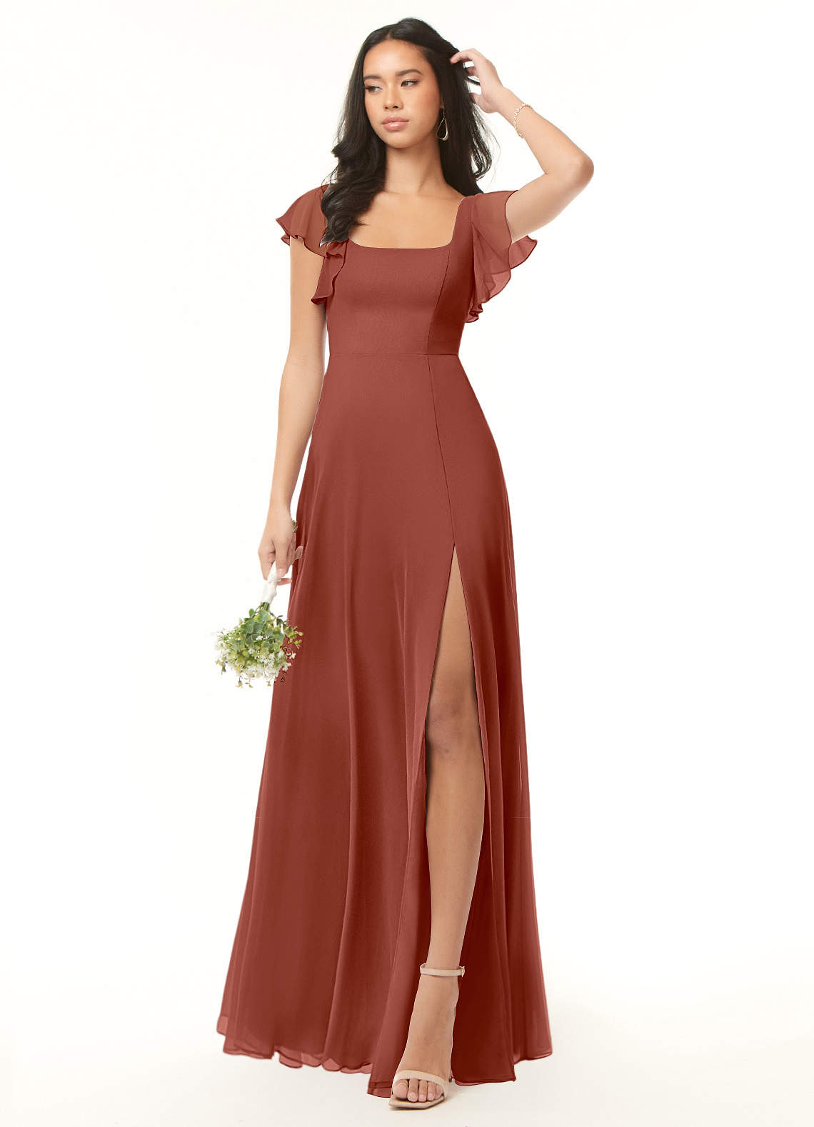 Azazie Bondi Bridesmaid Dresses Auburn A-Line Ruffled Chiffon Dress image1