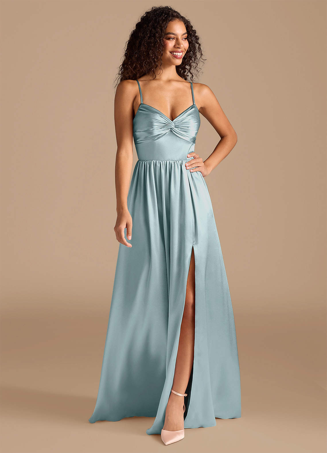 Azazie Zeya Bridesmaid Dresses Mist A-Line Pleated Metallic Satin Dress image1