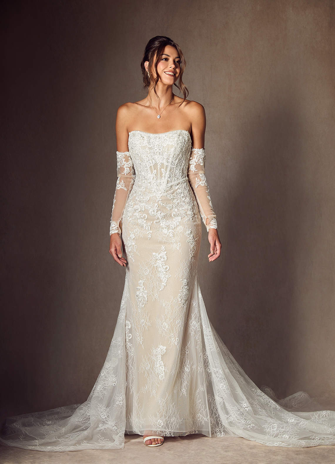 Azazie Caitlin At-home Try On Dresses Diamond White Champagne Mermaid Strapless Lace Dress image3