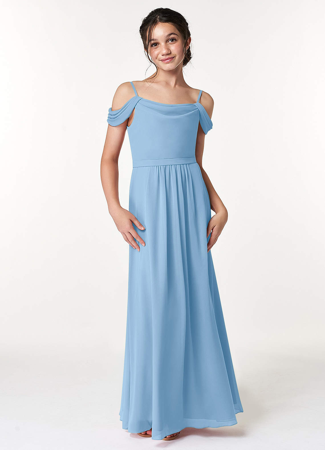 Azazie Alivia Junior Powder Blue A-Line Off the Shoulder Chiffon Dress image3