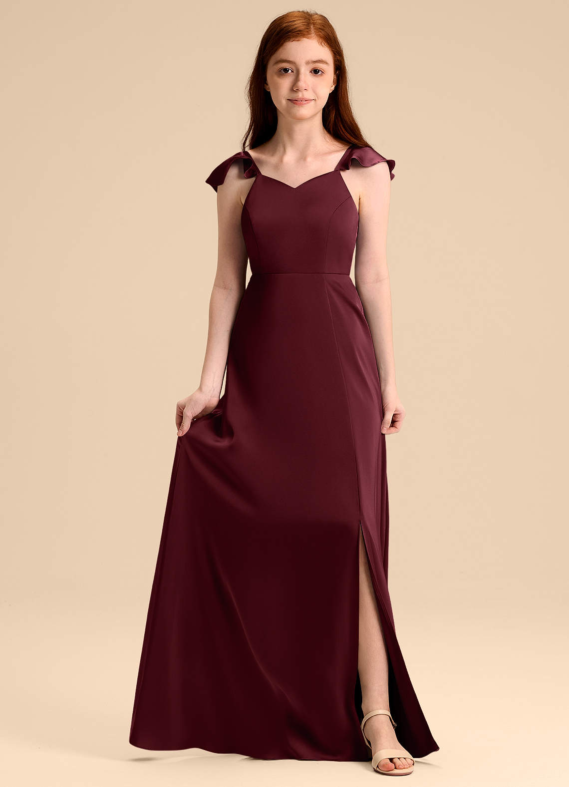 Azazie Everett Junior Vestido de Cabernet de Satén Elástico de Corte en A con Lazo image1