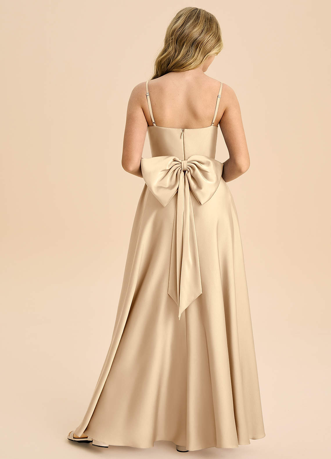 Azazie Bear Junior Champagne A-Line Sweetheart Neckline Stretch Satin Dress image1