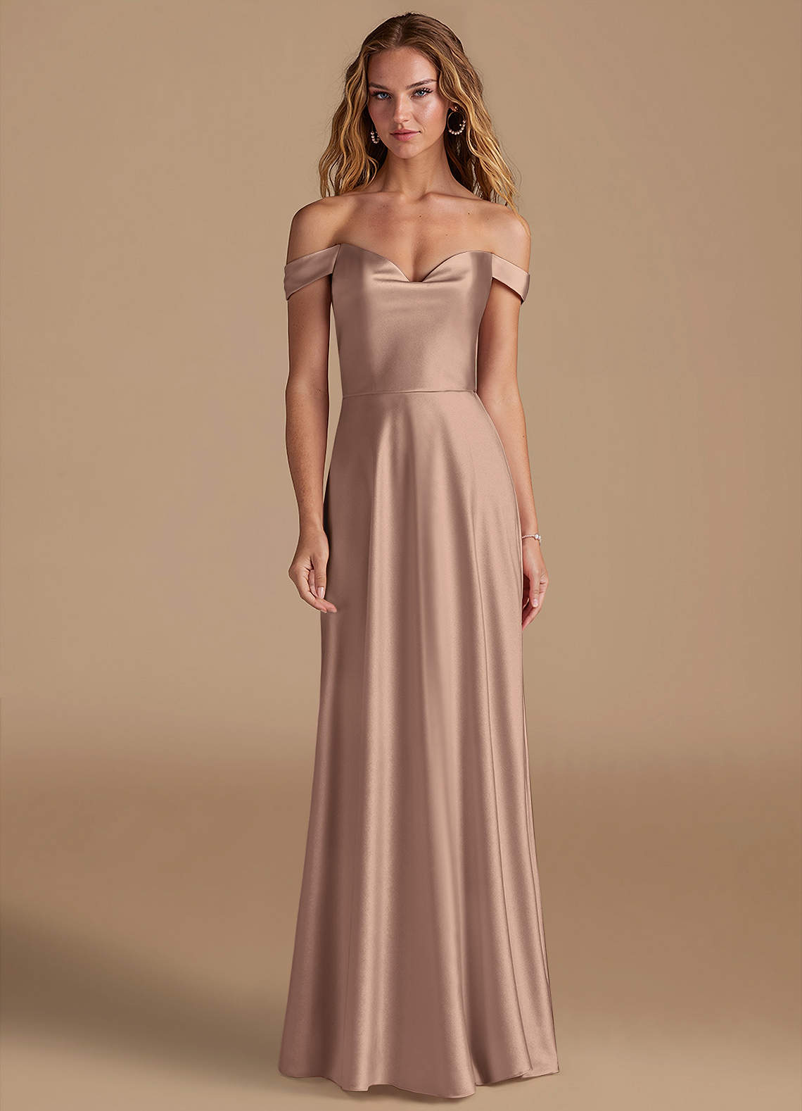 Azazie Jackalin Bridesmaid Dresses Taupe A-Line Off the Shoulder Metallic Satin Convertible Dress image1