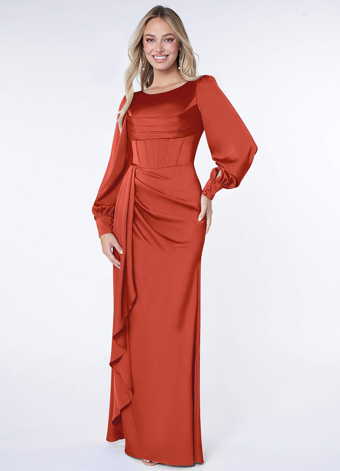 Azazie Raye Brautjungfernkleider Meerjungfrau-Linie Langarm Stretch-Satin Kleid Rost image1