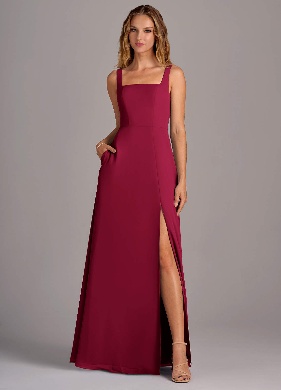 Azazie Debra Bridesmaid Dresses Burgundy A-Line with Pockets Chiffon Convertible Dress image4