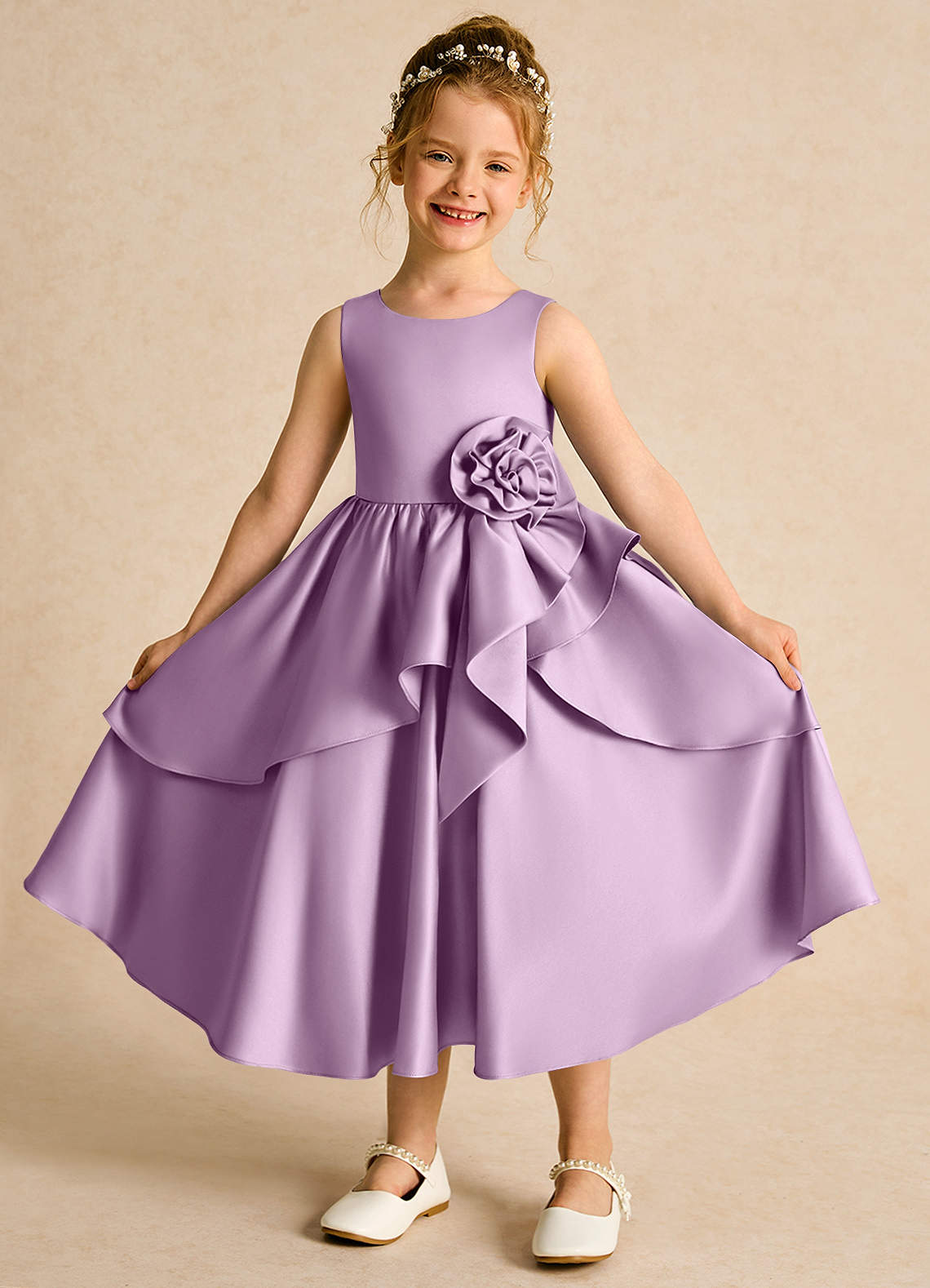 Azazie Hermia Flower Girl Dresses Wisteria A-Line Sleeveless Matte Satin Dress image1