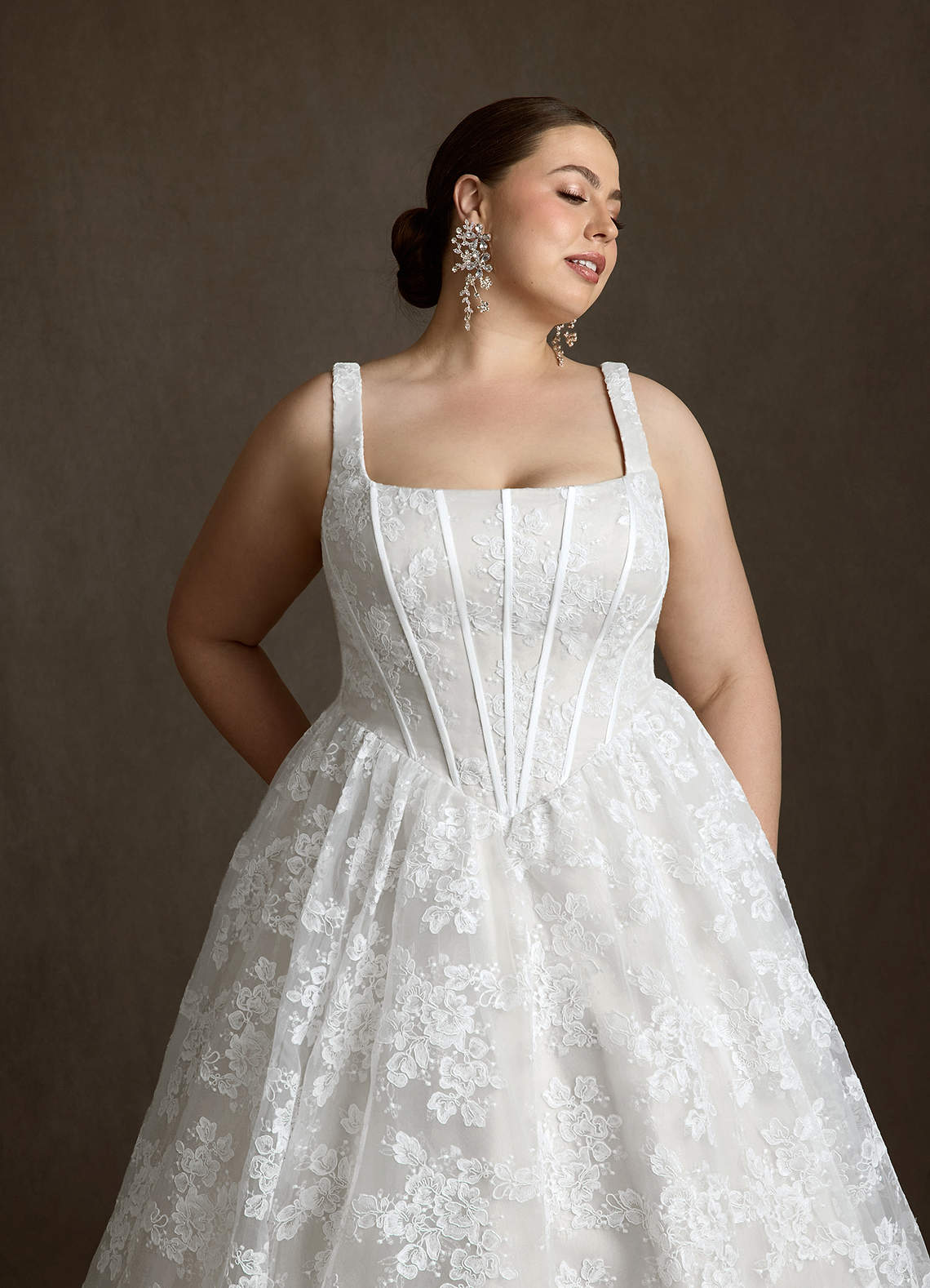 Azazie Geneva At-home Try On Dresses Diamond White Ball-Gown Square Neckline Lace Dress image12