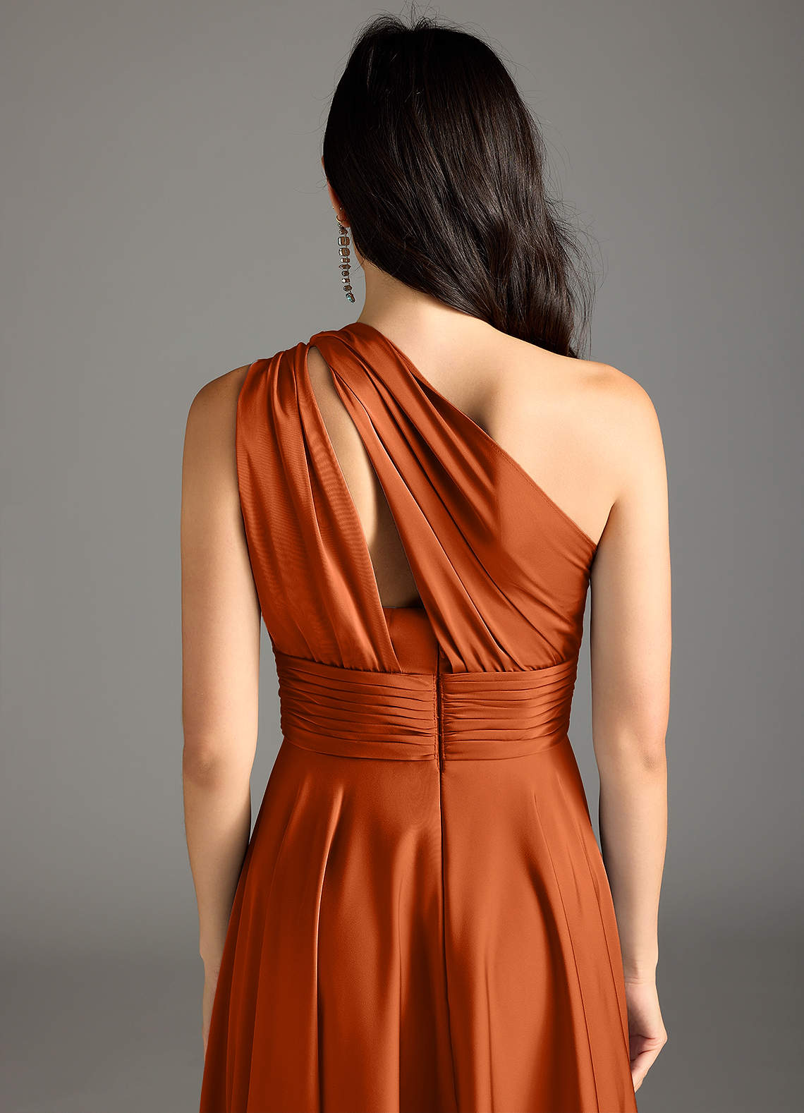 Azazie Charlize Bridesmaid Dresses Burnt Orange A-Line One Shoulder Stretch Satin Dress image7