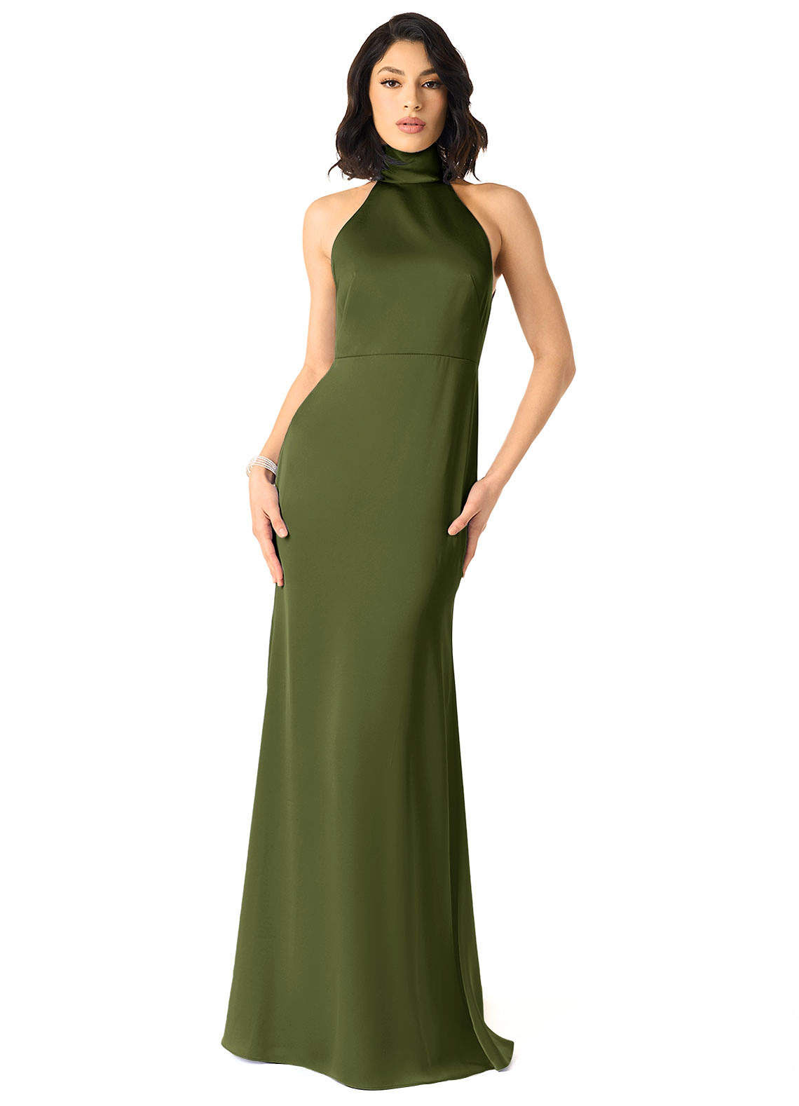 Azazie x Delaney Vestidos de damas de honor Vestido de Oliva de Satén Elástico de Corte Recto con Cuello Alto image1
