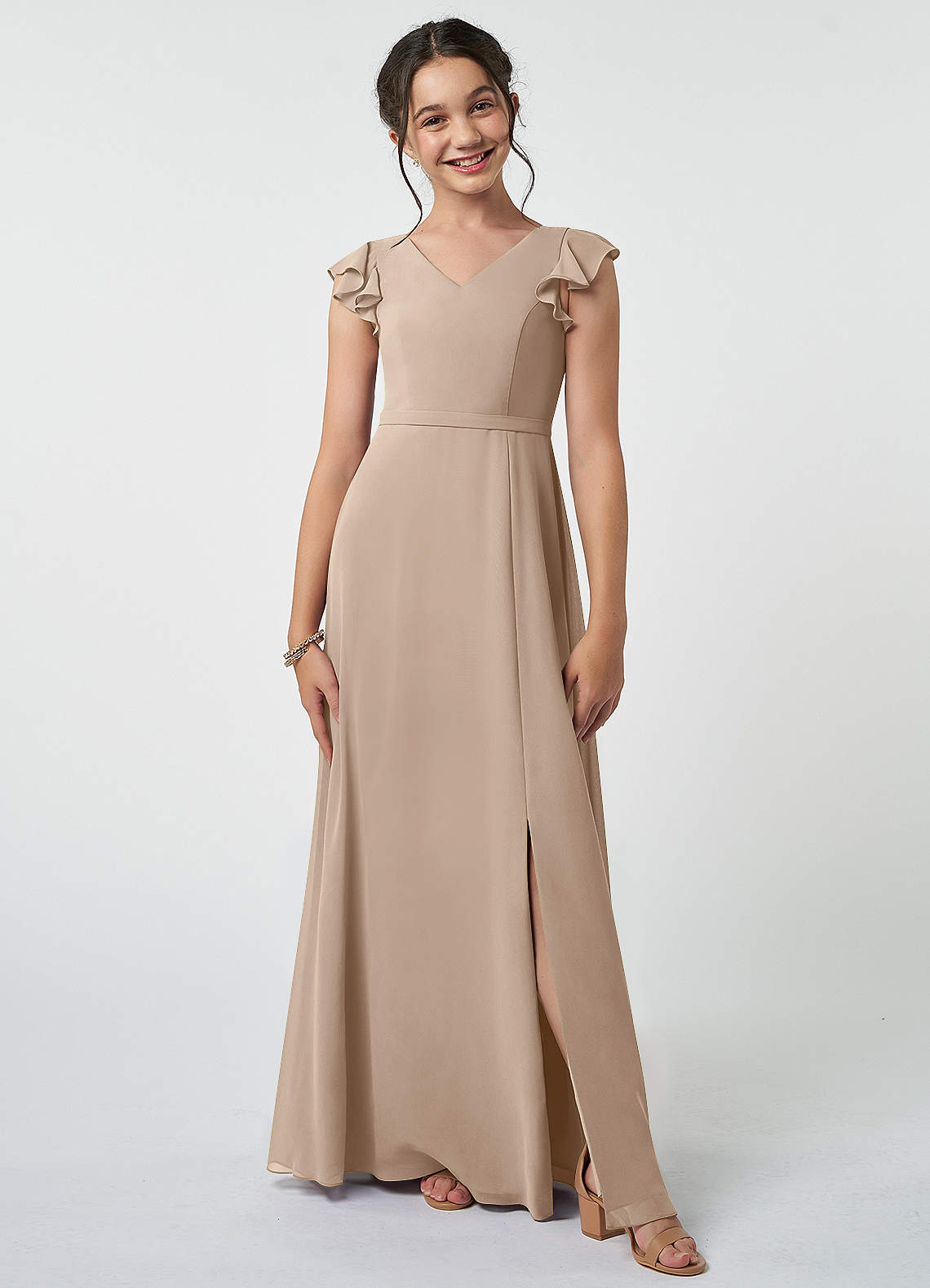 Azazie Claudine Junior Taupe A-Line Pleated Chiffon Dress image1