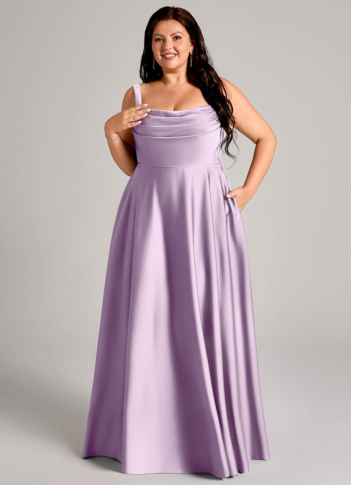 Azazie Shaude Bridesmaid Dresses Frosted Lilac A-Line Pleated Stretch Satin Dress image10
