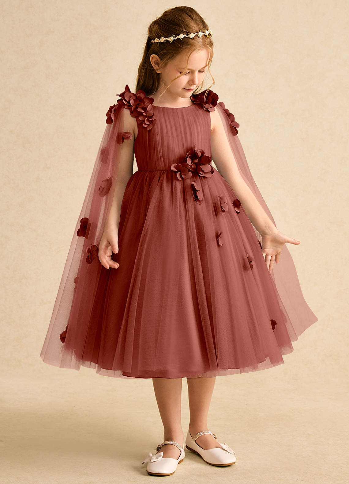 Azazie Staria Vestidos de florista Vestido Castanho Aloirado de Tule de Vestido de baile com Franzido image6