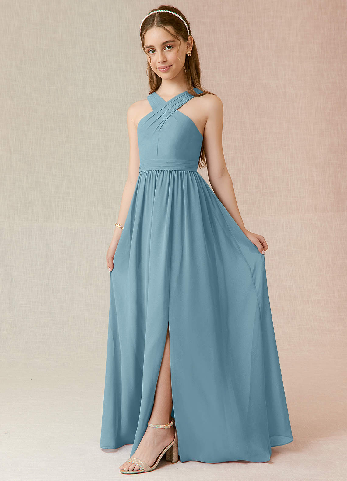 Azazie Jiya Junior Abito A-Line in Chiffon Plissettato Blu Lunatico image1