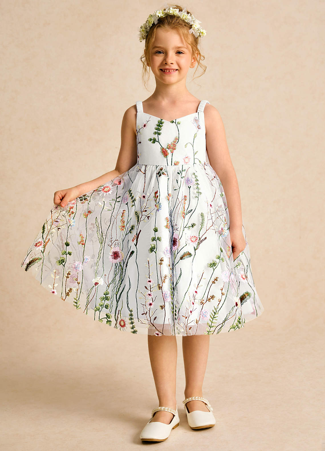 Azazie Peppa vestidos de niña de las flores Vestido de Marfil Salvia Polvorienta de Tul de Corte En A con Escote de Corazón image2