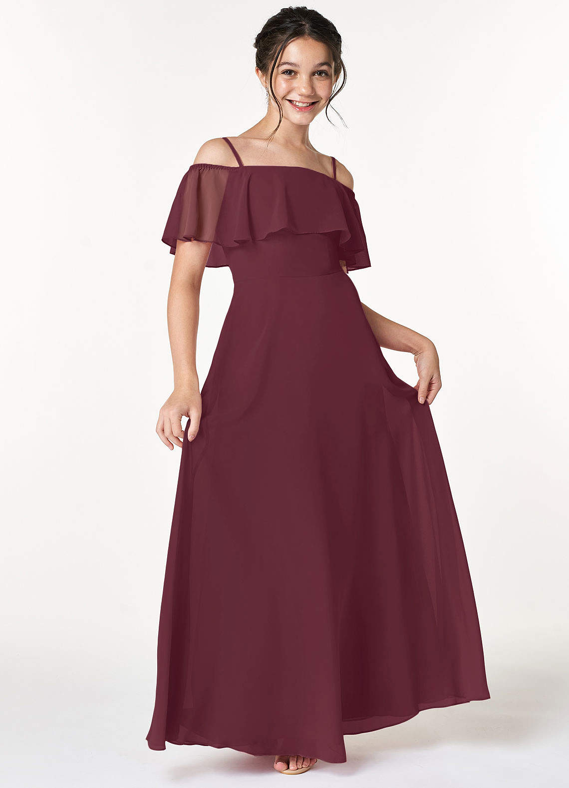 Azazie Maggie Junior Cabernet A-Line Off the Shoulder Chiffon Dress image1
