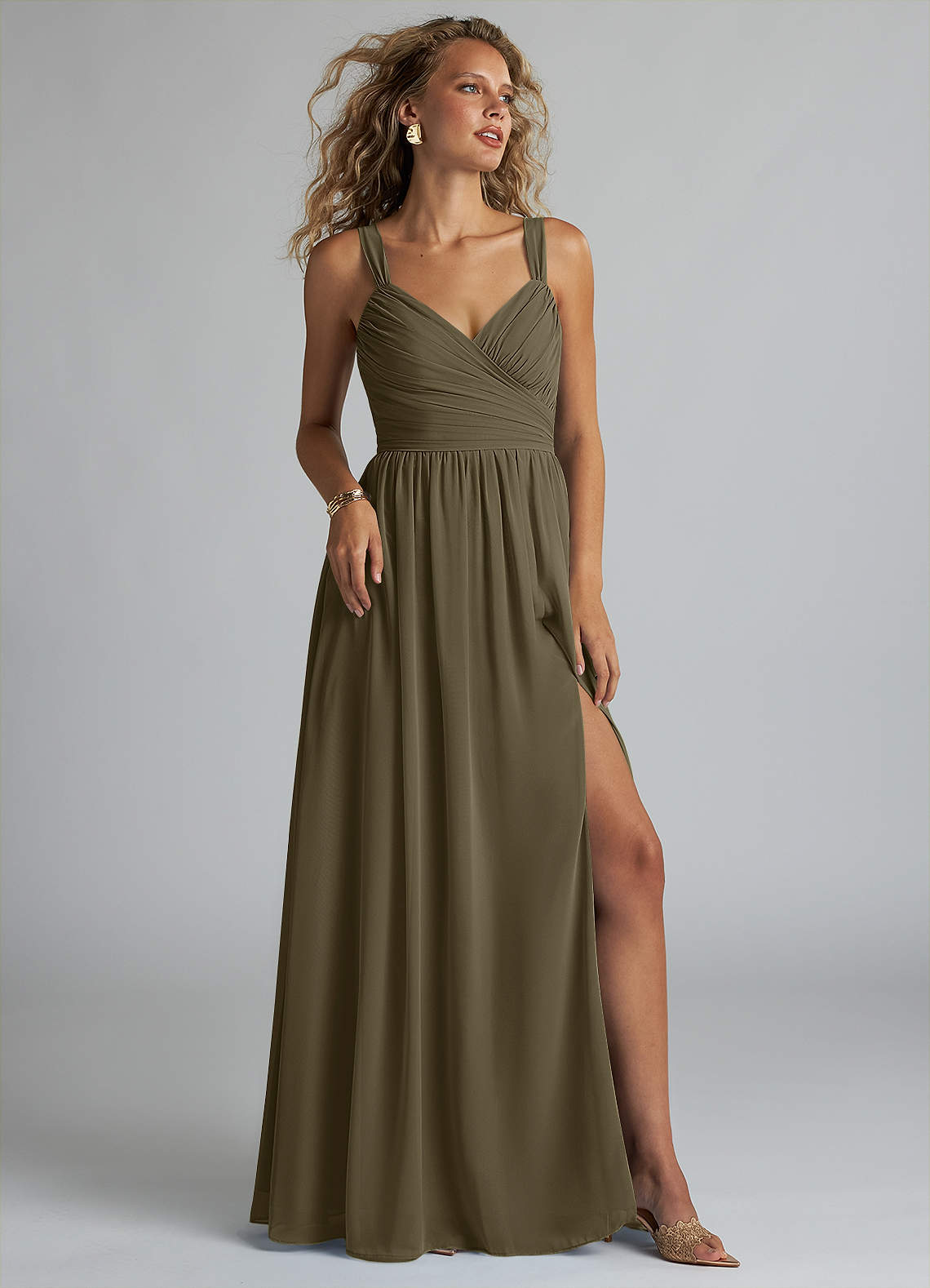Azazie Aziza Bridesmaid Dresses Willow Green A-Line V-Neck Pleated Chiffon Dress image1
