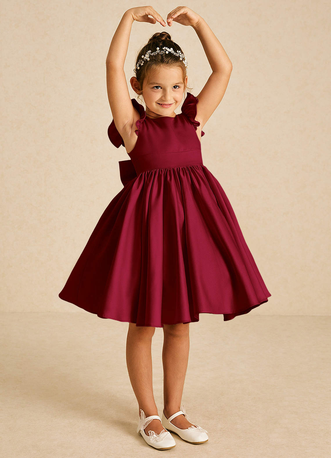 Azazie Tootsie Flower Girl Dresses Burgundy A-Line Bow Matte Satin Dress image1