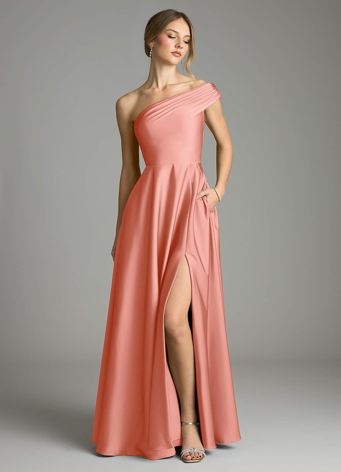 coral a line dress Azazie Melanie Line Style Fabric Occasion Filter:Day Events Womens Cashmere Wrap Dress Size:30H
