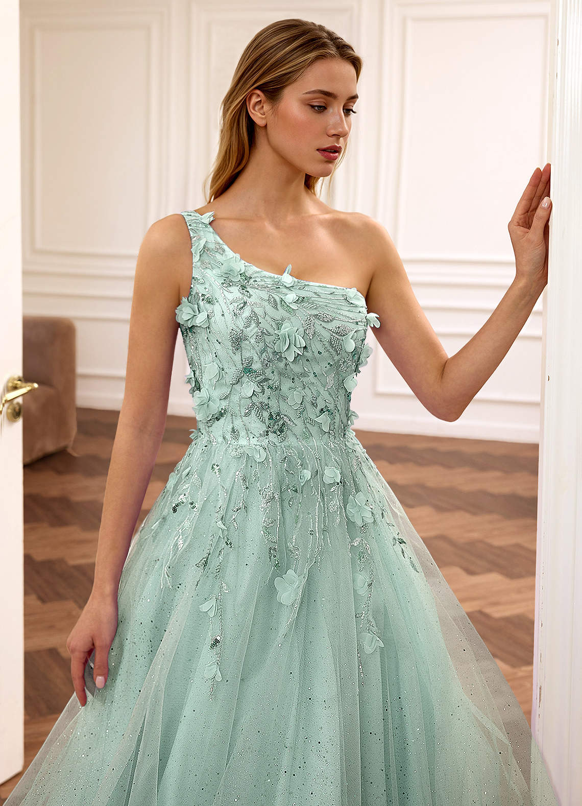 Felicite Light Green Floral A-line Tulle Sequin One Shoulder Glitter Prom Dress