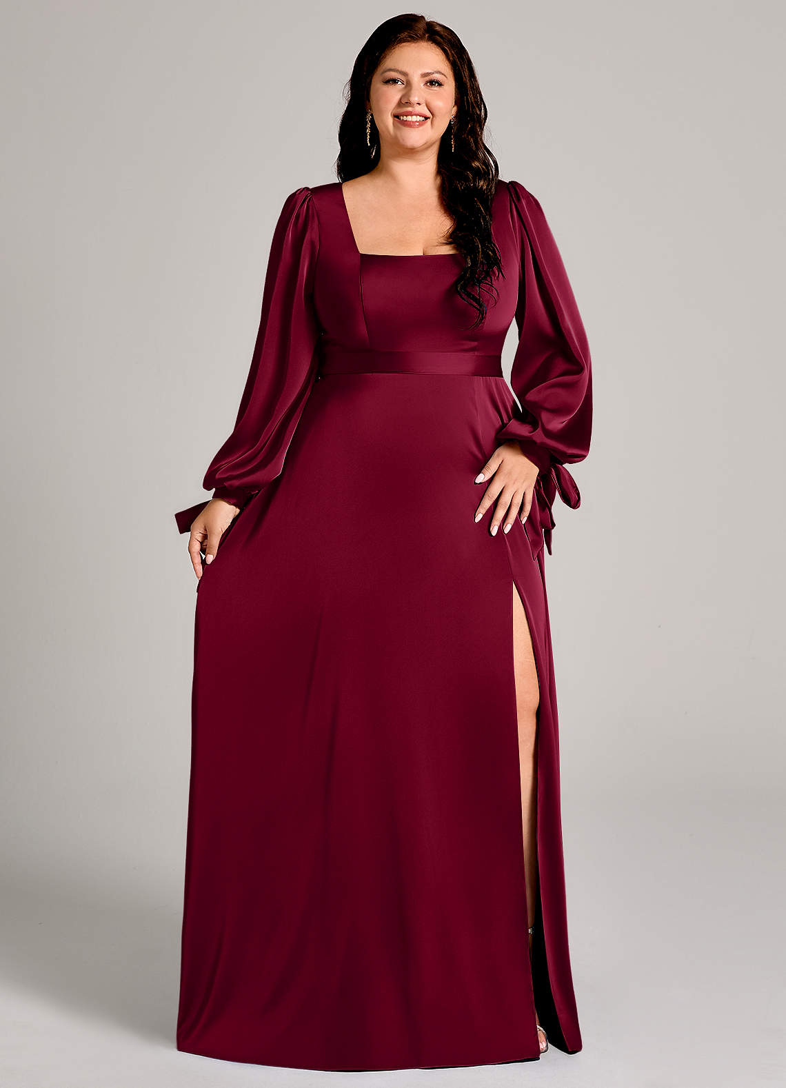Azazie Leonia Bridesmaid Dresses Burgundy A-Line Long Sleeve Stretch Satin Dress image10