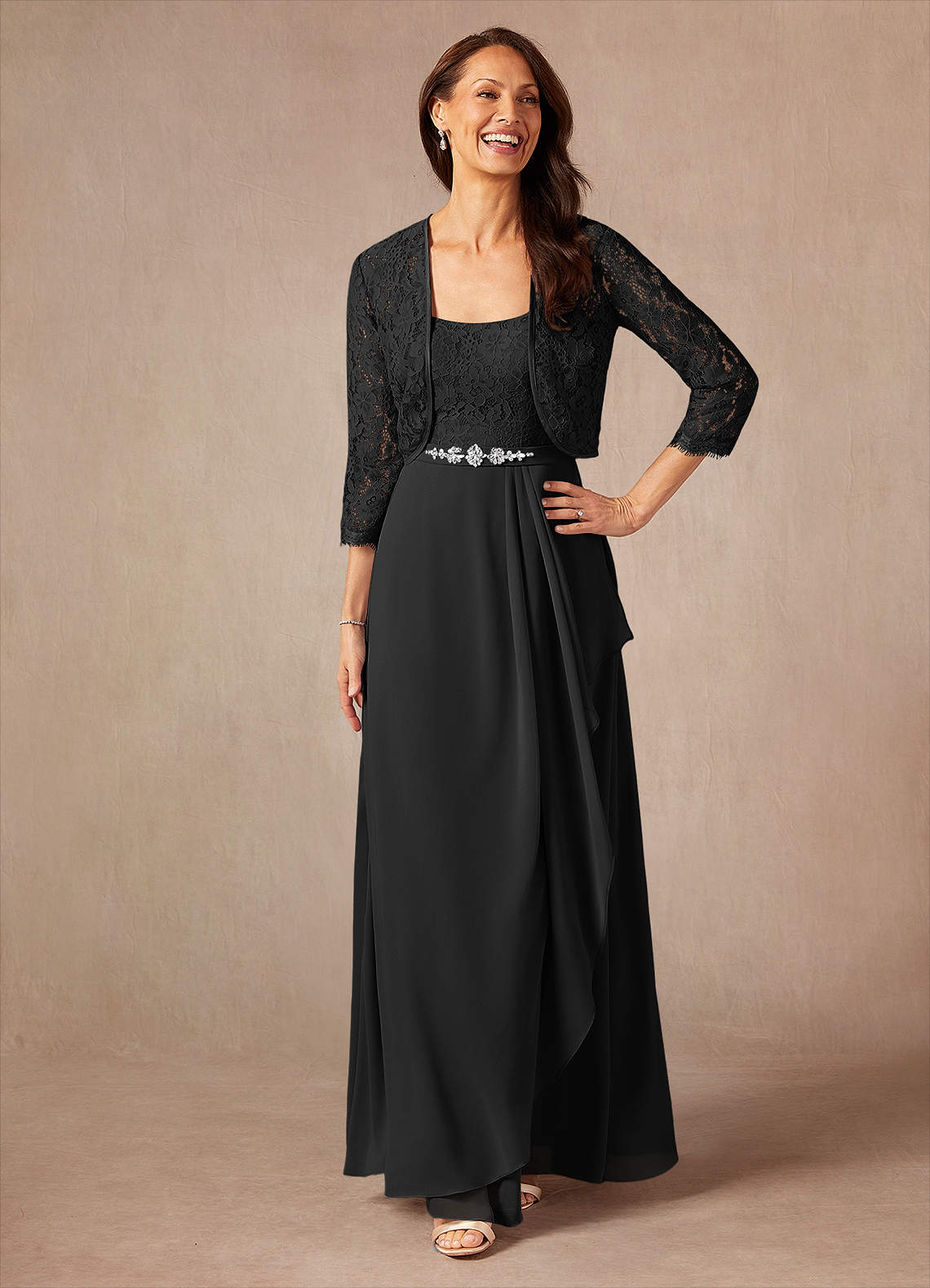 Azazie Ainsling Mother of the Bride Dresses Black A-Line Square Neckline Lace Chiffon Dress image1