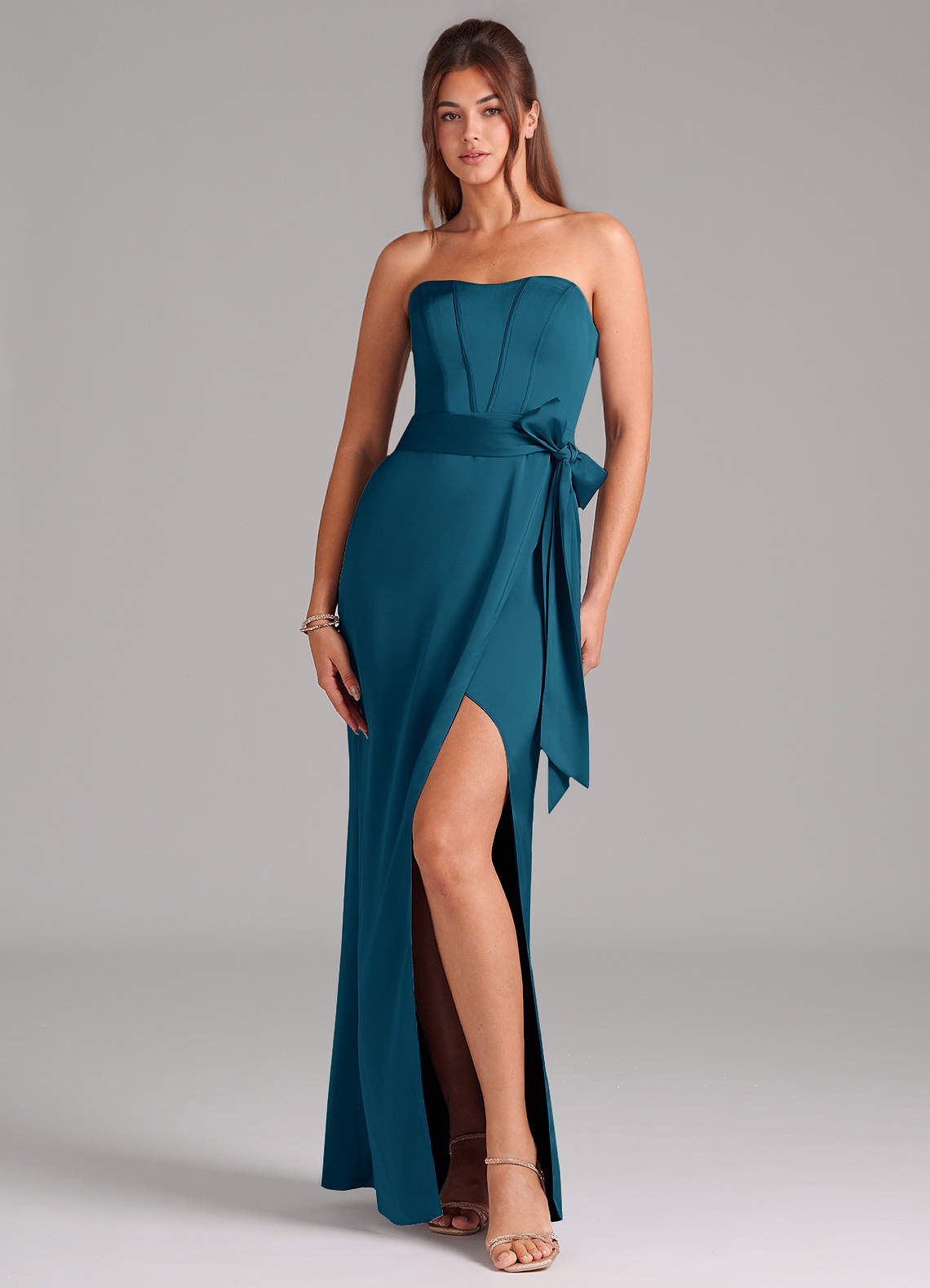 Azazie Jamie Brautjungfernkleider Wandelbar A-Linie Schulterfrei Stretch-Satin Kleid Tintenblau image1