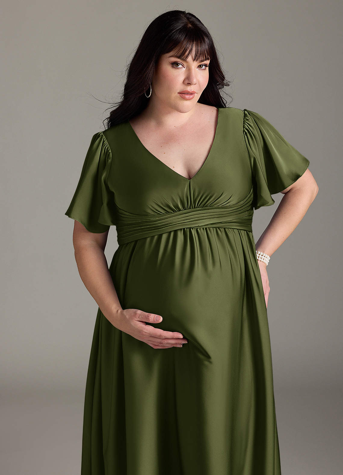 Azazie Verna vestidos de dama de honor de maternidad Vestido de Corte en A Volante Hasta el suelo Satén Elástico image14