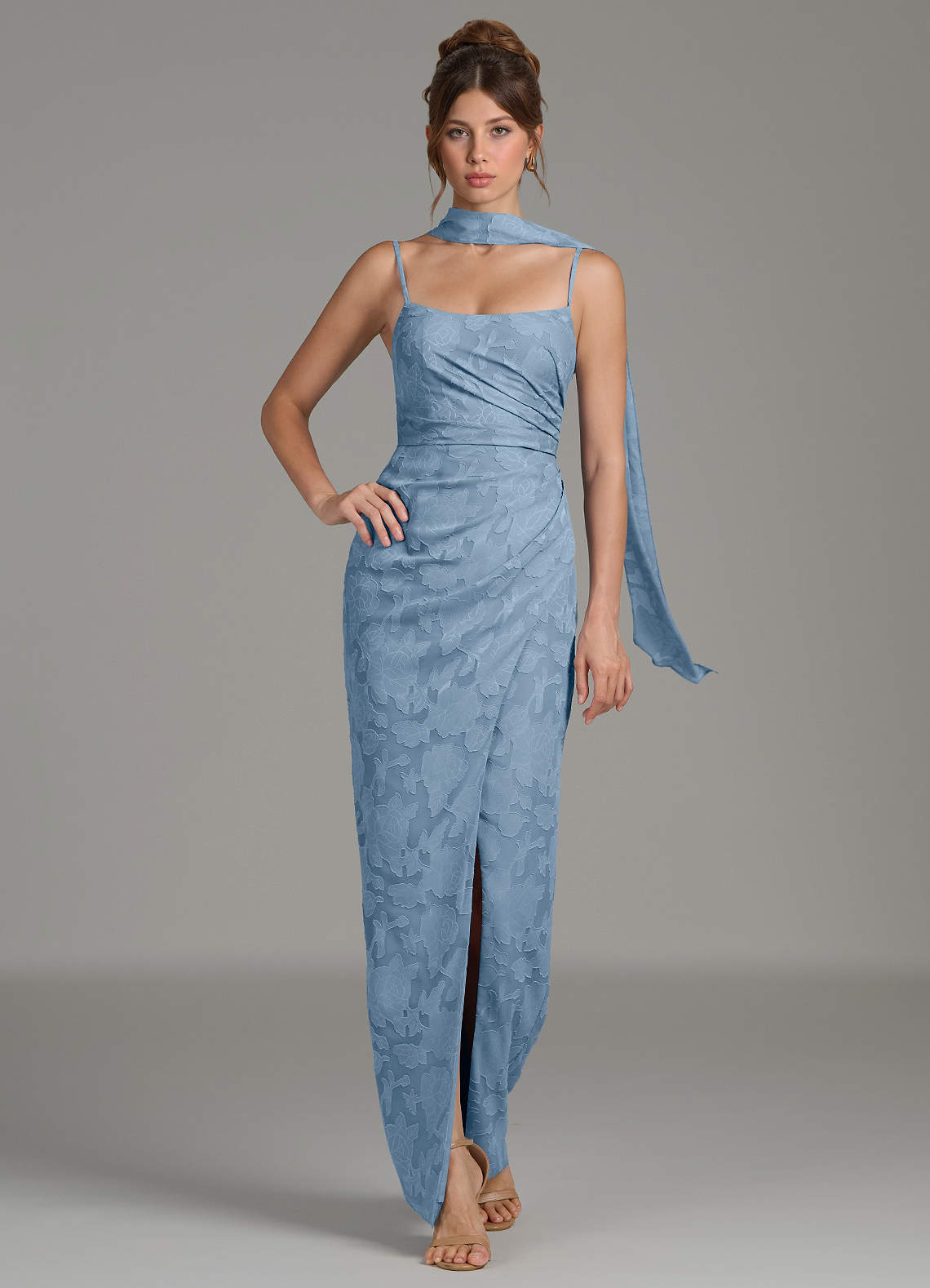 blue floral burnout dress Azazie Calandra Cutout and hidden zipper