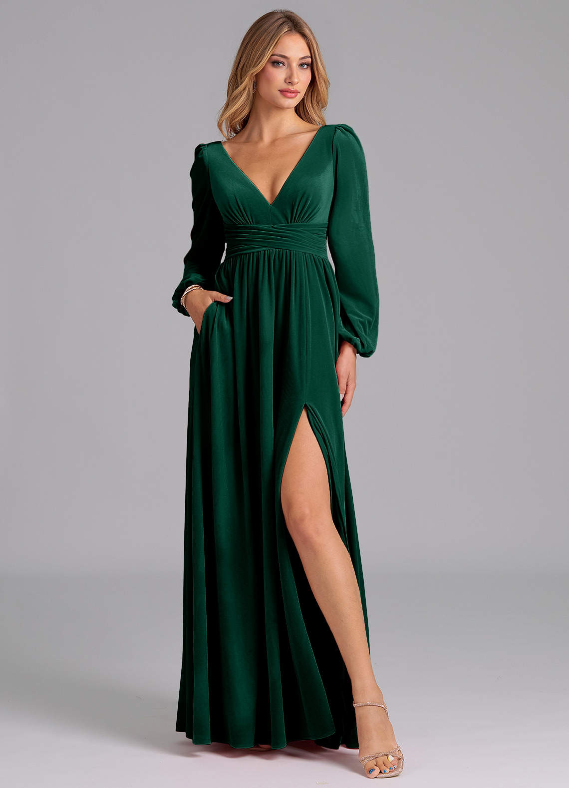 Azazie Norah Bridesmaid Dresses Emerald A-Line Long Sleeve Velvet Dress image4