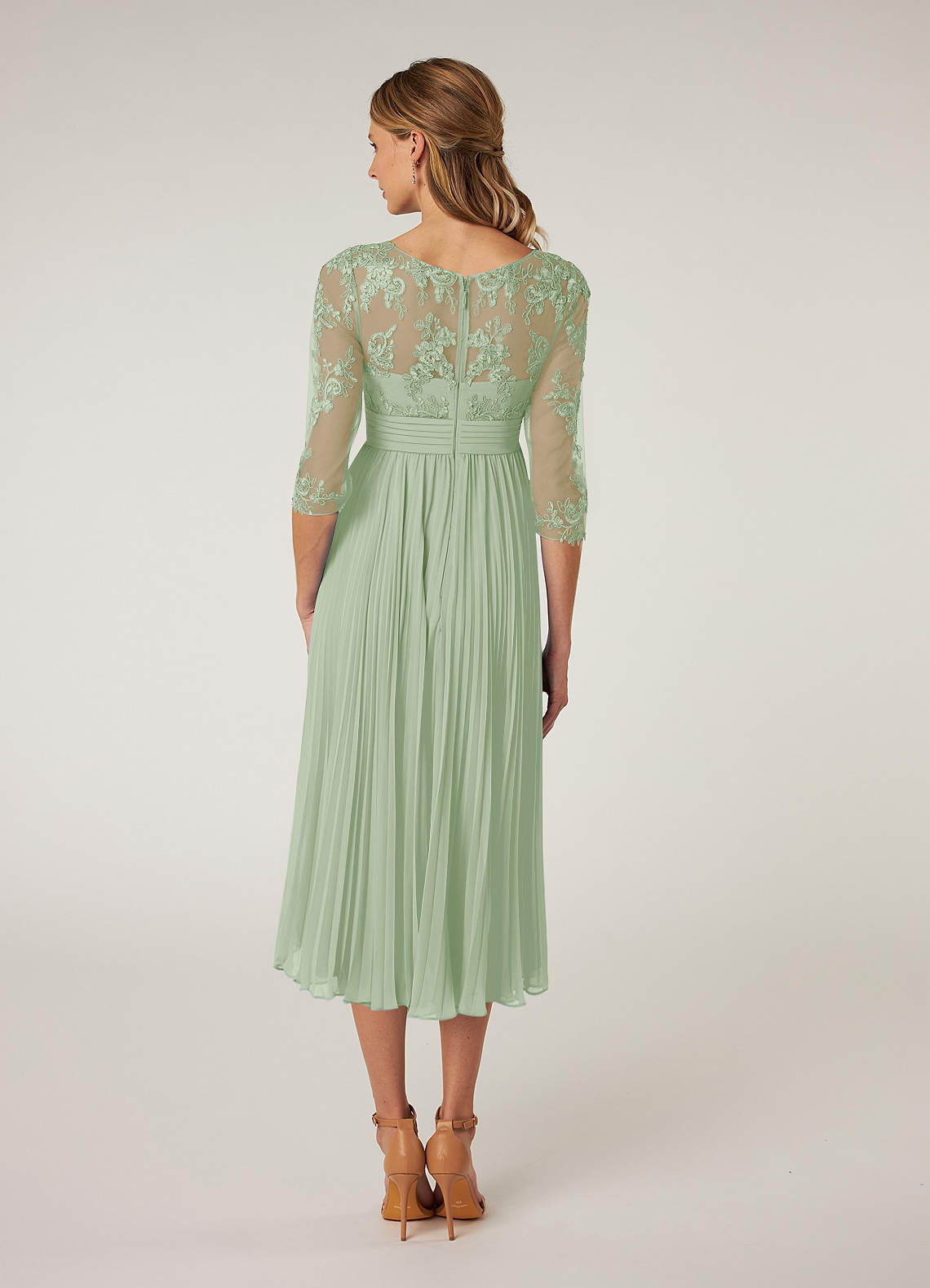 Lace 3/4 Sleeves Chiffon Tea-Length Dress Mint Green main image 1