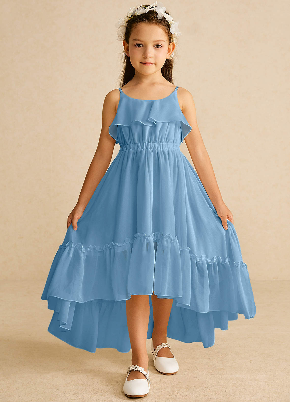 ruffle strap a-line dress in blue Sherri Hill 57215 - Long Satin, Chiffon A-Line Dress main image 0