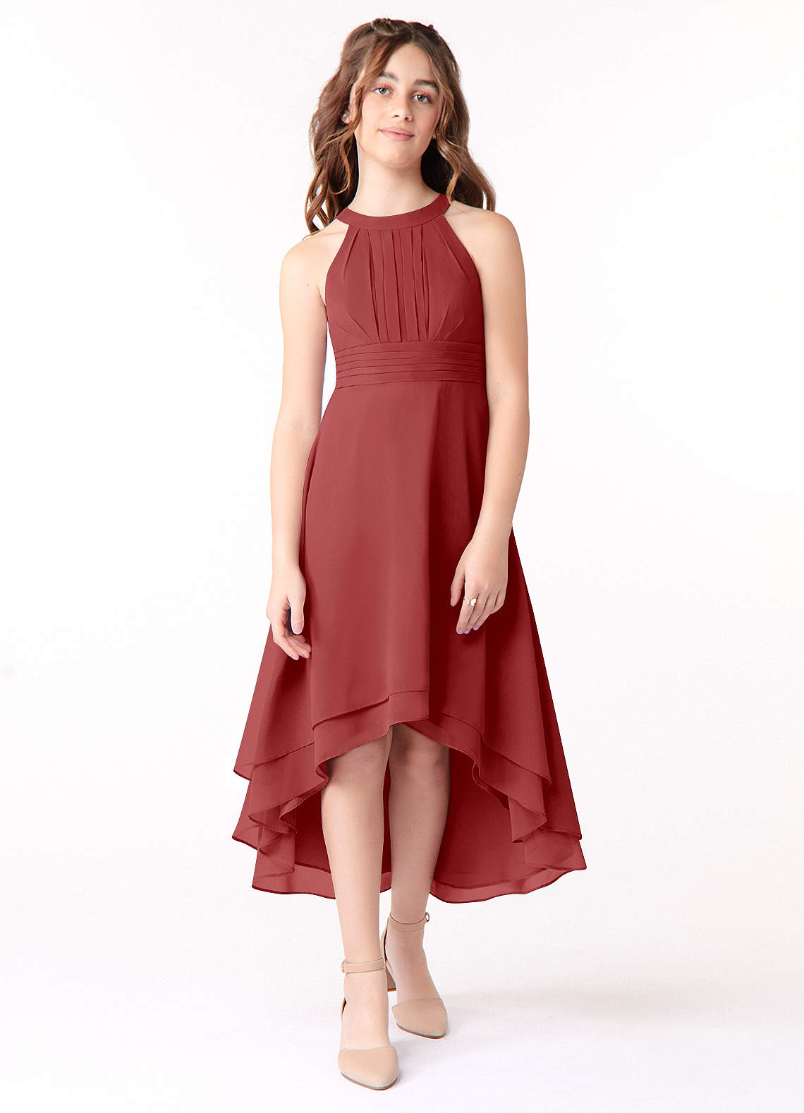 Azazie Linna Junior Vestido de Óxido de Gasa de Corte En A con Plisado image1
