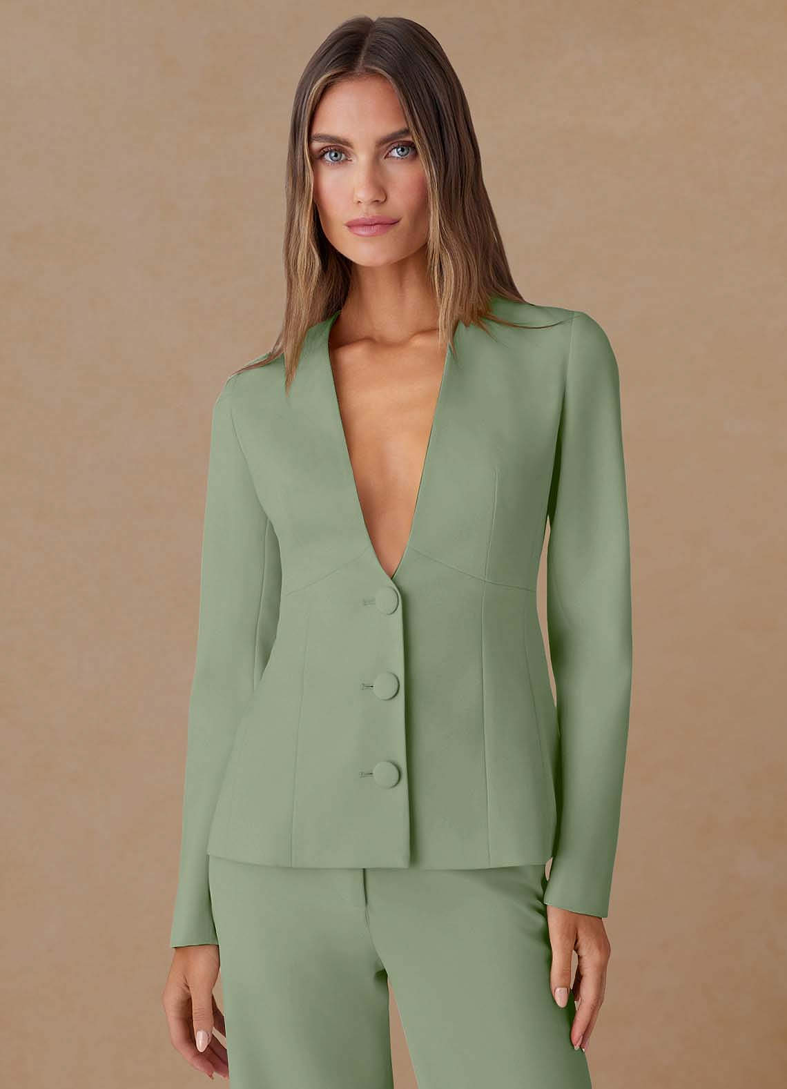 front Elara Dusty Sage Extreme-Plunge Refined Weave 2-Piece Suit