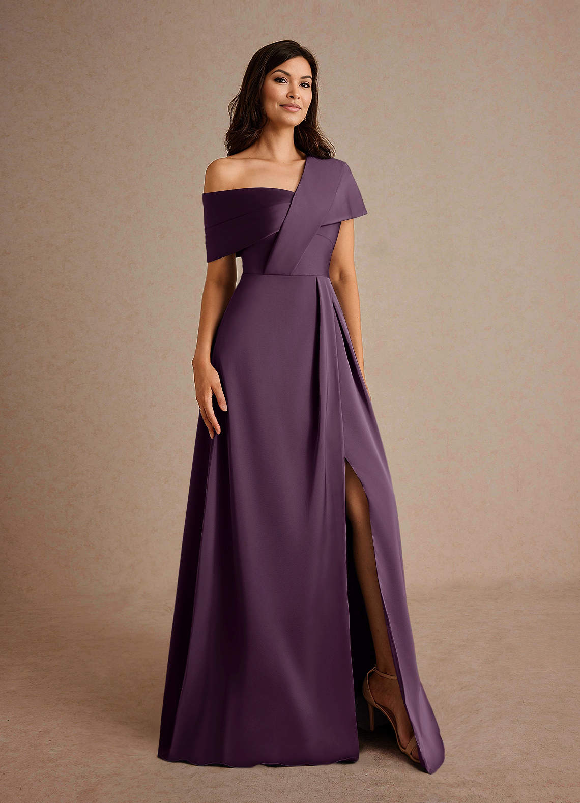 Azazie Milton Mother of the Bride Dresses Plum A-Line Pleated Stretch Satin Dress image7