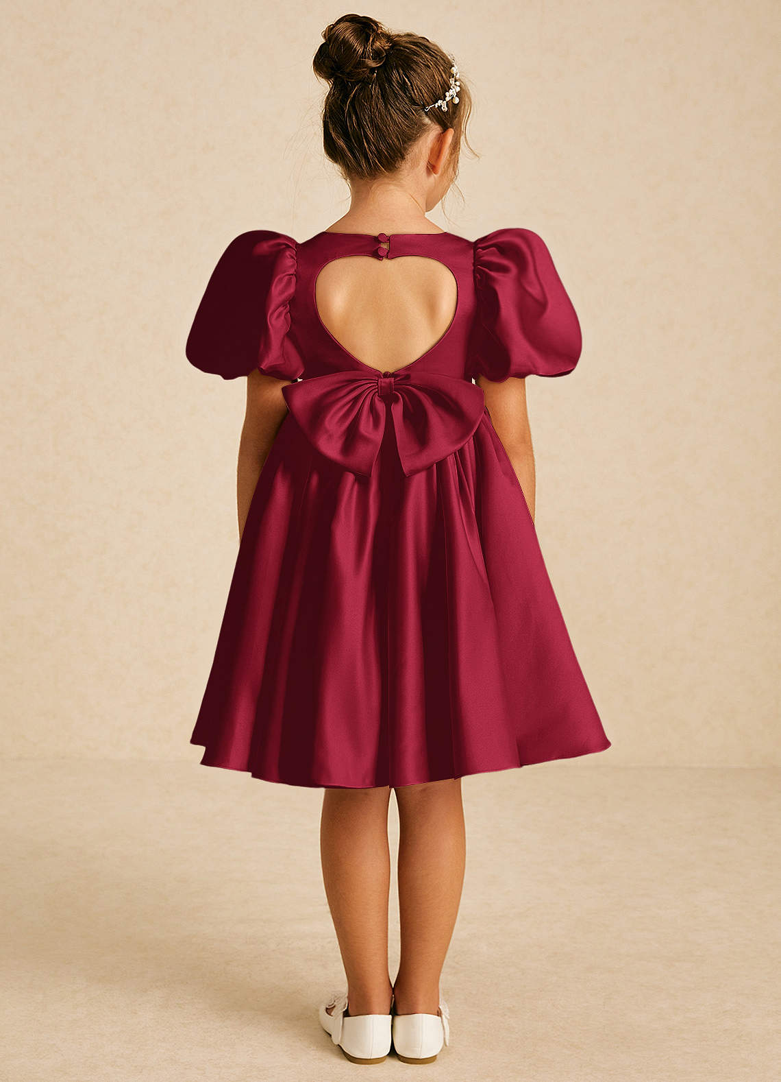 Azazie Muffin Flower Girl Dresses Burgundy A-Line with Sleeves Matte Satin Dress image1