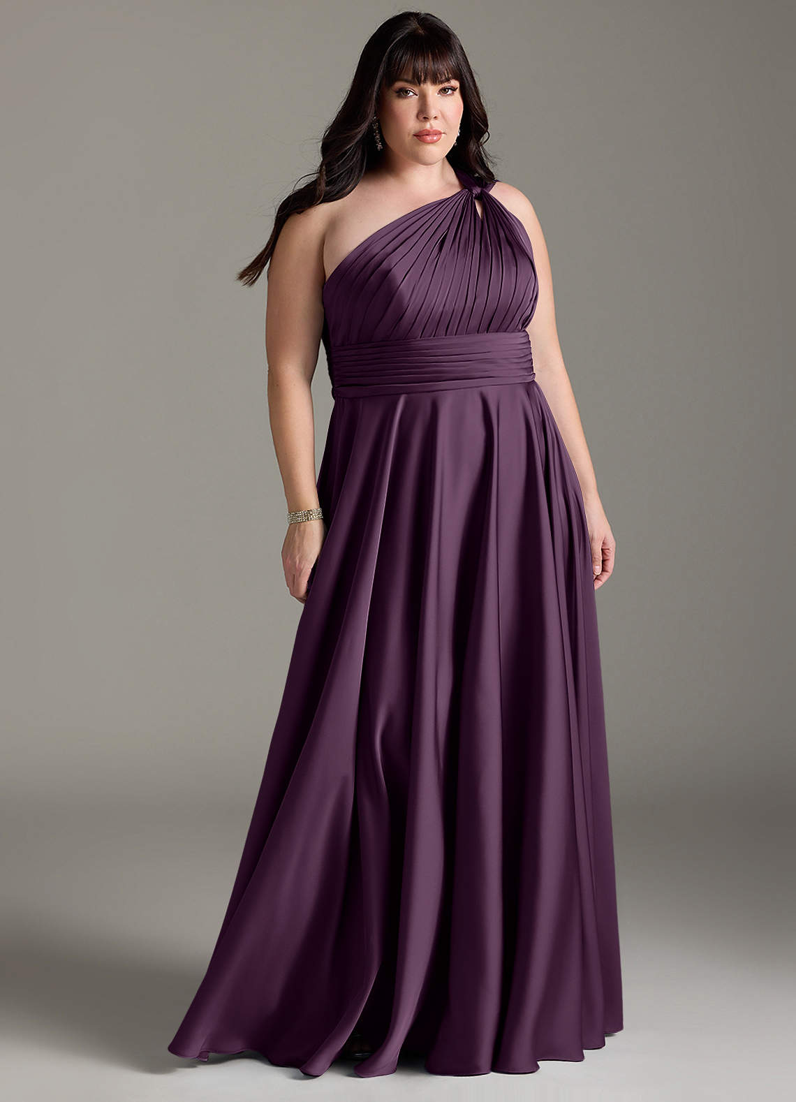 Azazie Charlize Bridesmaid Dresses Plum A-Line One Shoulder Stretch Satin Dress image1
