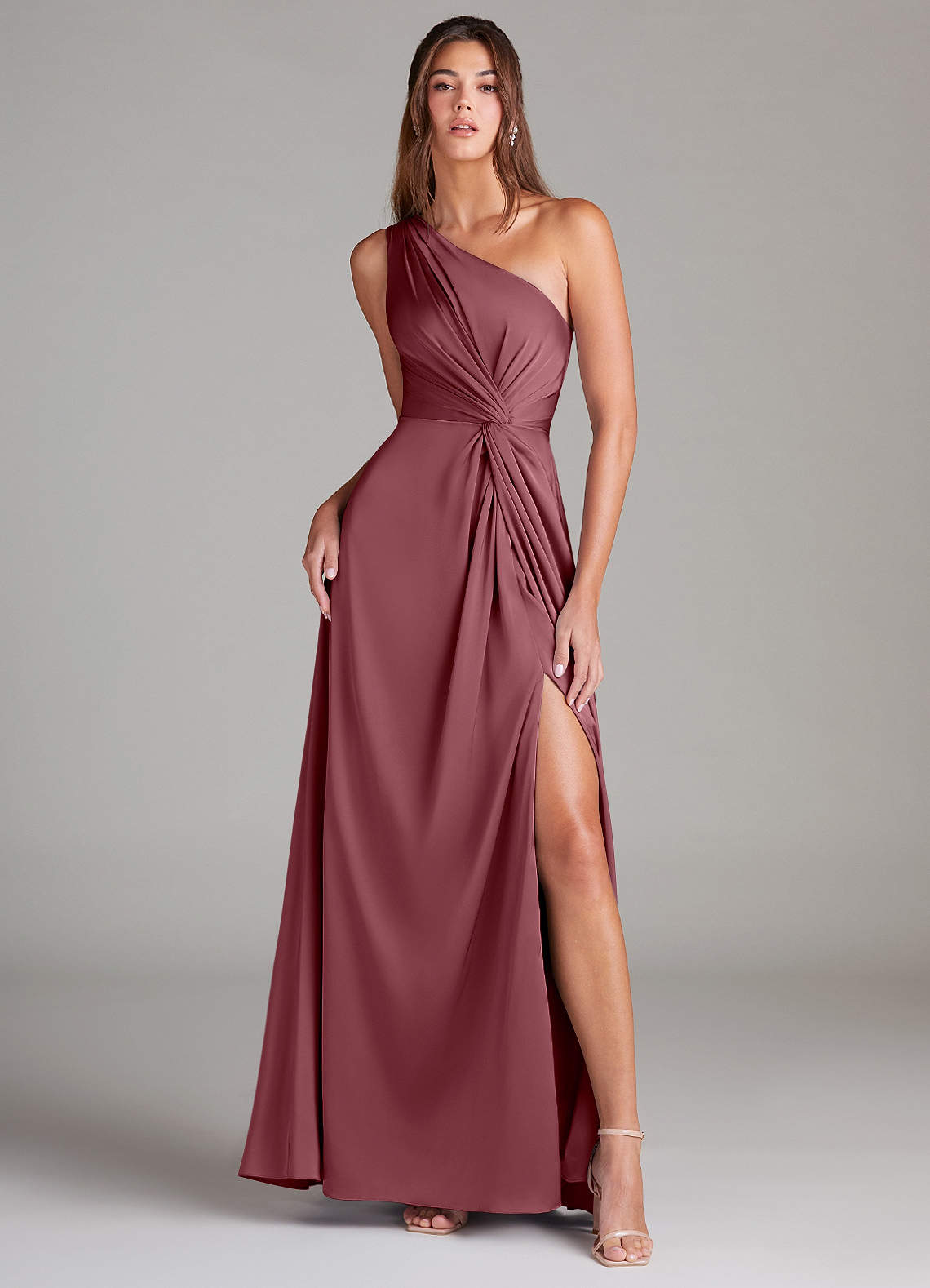 Azazie Brooke Bridesmaid Dresses Desert Rose A-Line One Shoulder Stretch Satin Dress image1