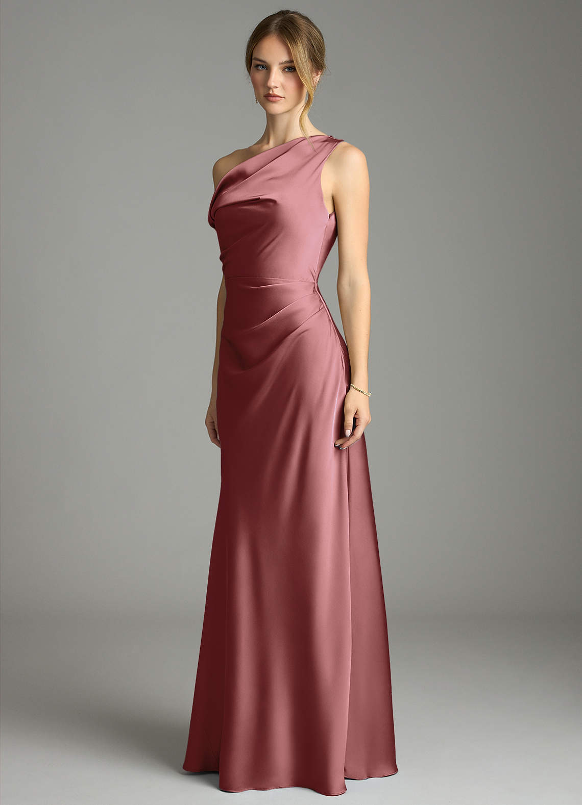 Azazie Emerson Vestidos de madrinha de casamento Vestido Ametista de Cetim elástico de sereia com Fora do ombro image1
