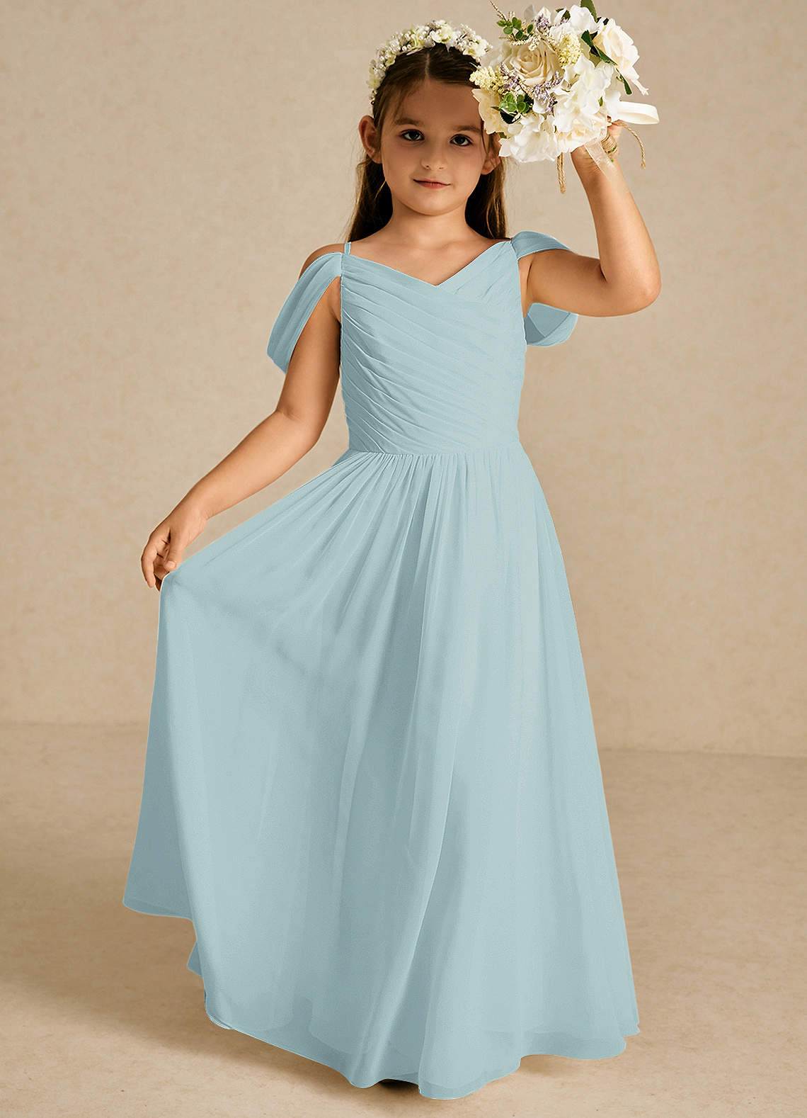 Azazie Chelle Flower Girl Dresses Sea Glass A-Line Pleated Chiffon Dress image1