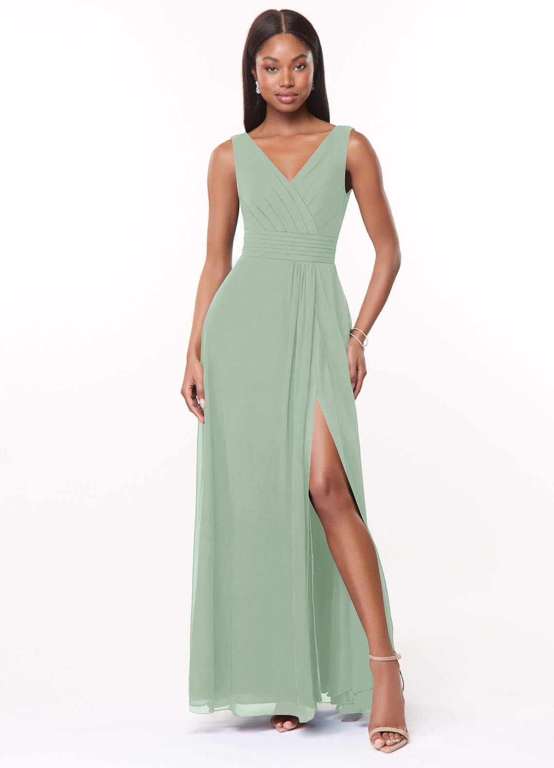 Azazie Karina Bridesmaid Dresses Agave A-Line Pleated Chiffon Dress image1