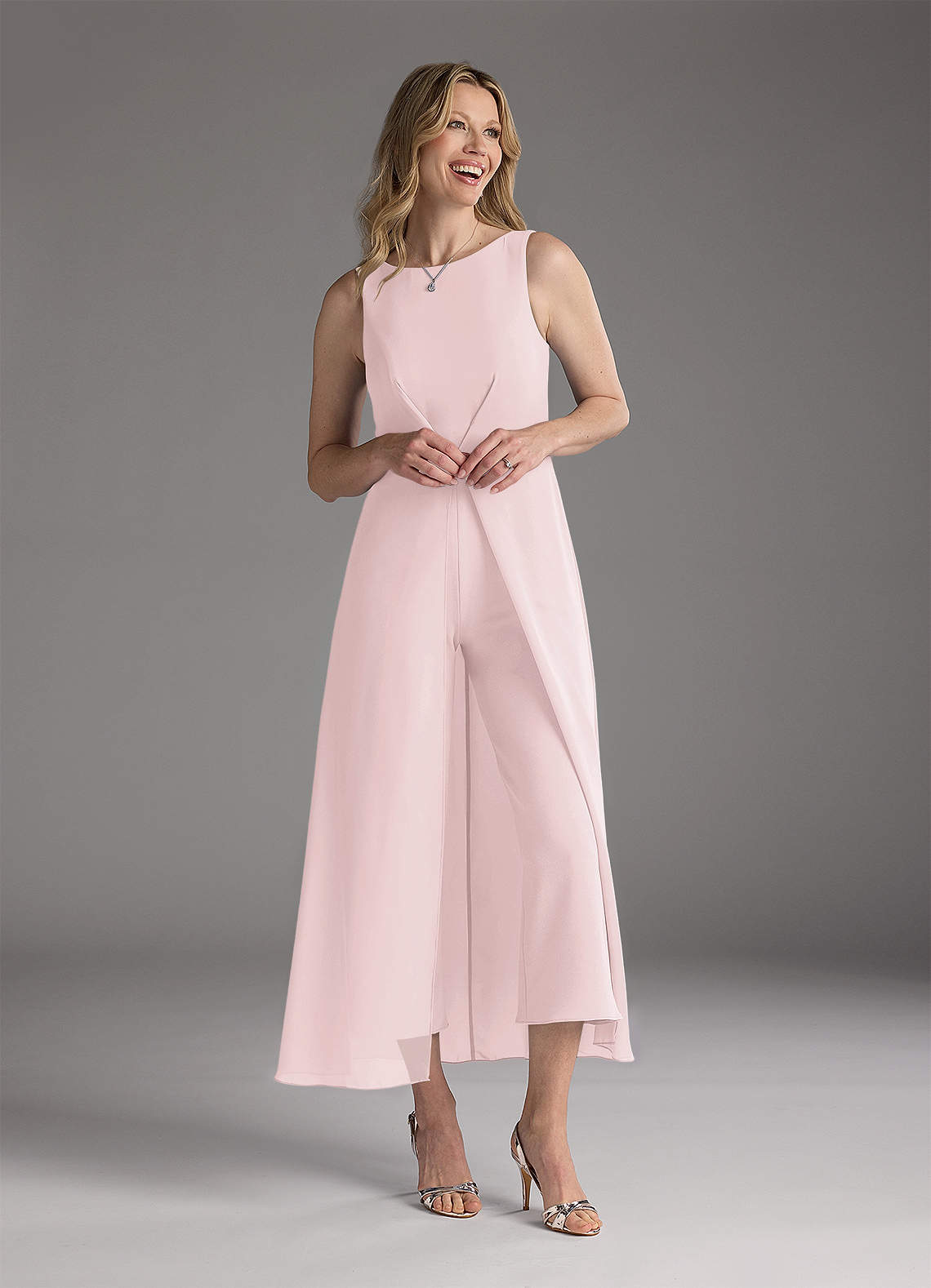 Azazie Anitta Mother of the Bride Dresses Blushing Pink Jumpsuit/Pantsuit Pleated Stretch Crepe Dress image1