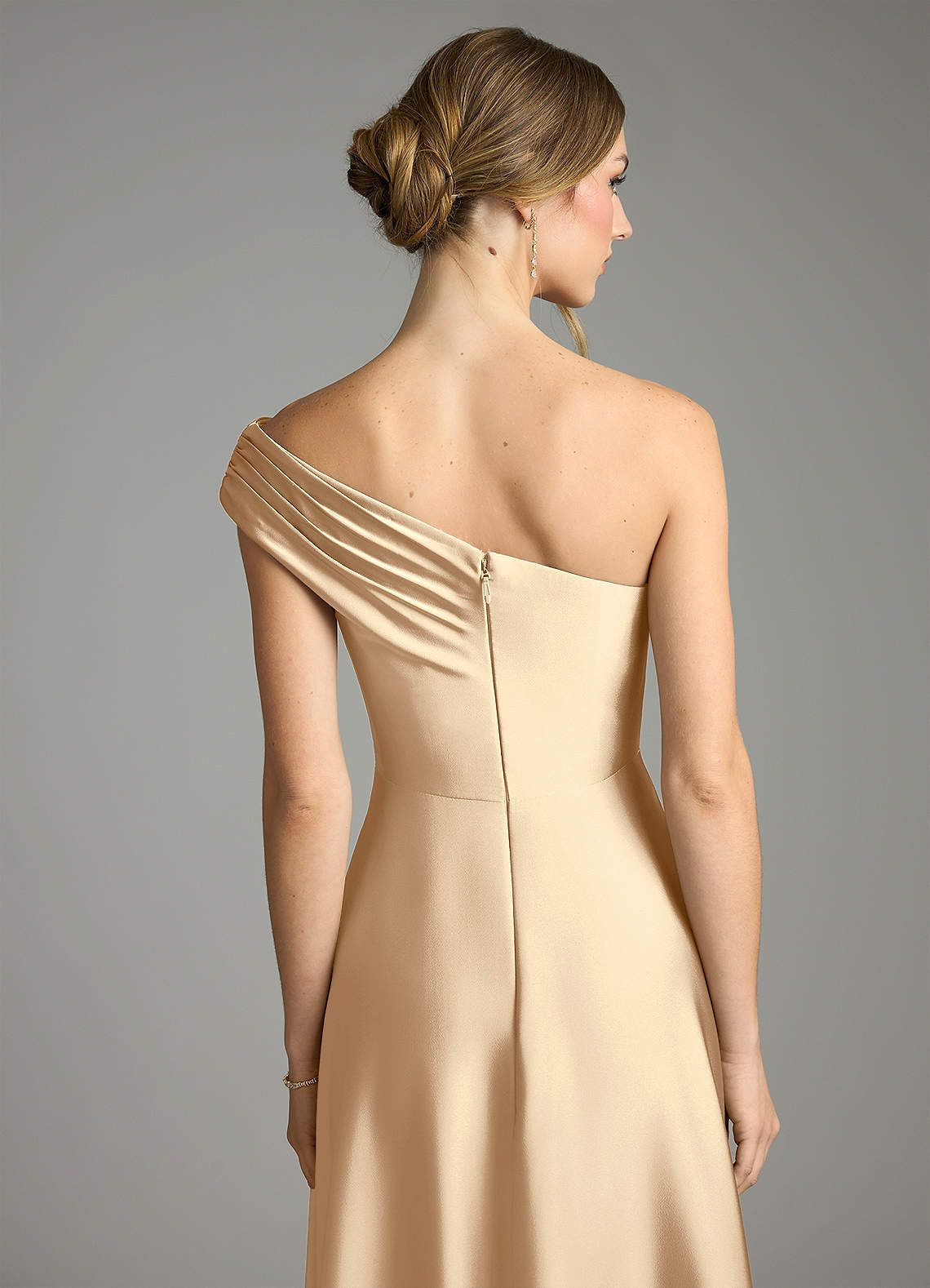 Azazie Melanie Bridesmaid Dresses Champagne A-Line Off the Shoulder Stretch Satin Dress image1