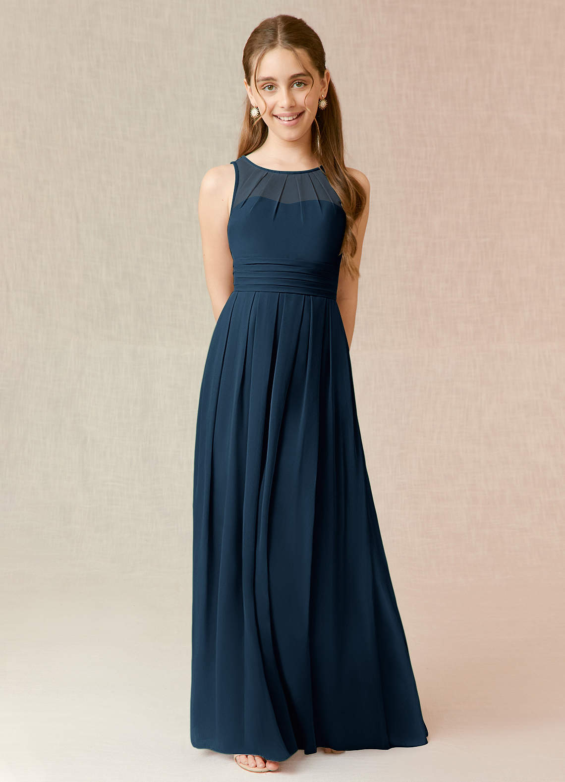navy blue jr bridesmaid dresses Azazie A-Line/Princess Scoop Neck Floor-Length Chiffon Junior Size:16.5
