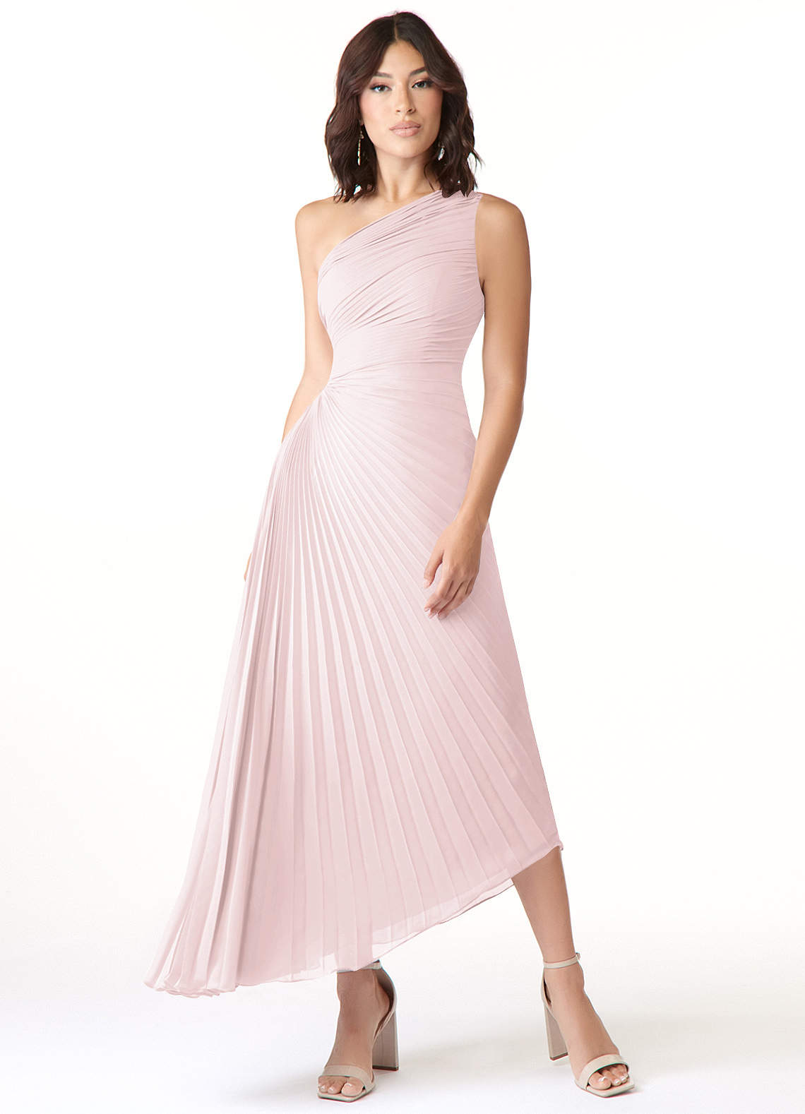 Azazie Kirra Bridesmaid Dresses Blushing Pink A-Line One Shoulder Chiffon Dress image1