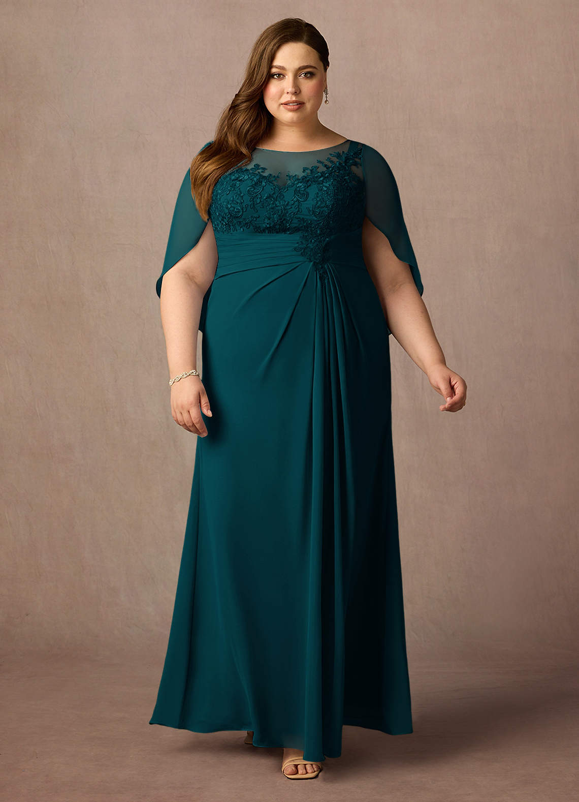 Azazie Hera Mother of the Bride Dresses Pine A-Line Lace Capelet Chiffon Dress image1